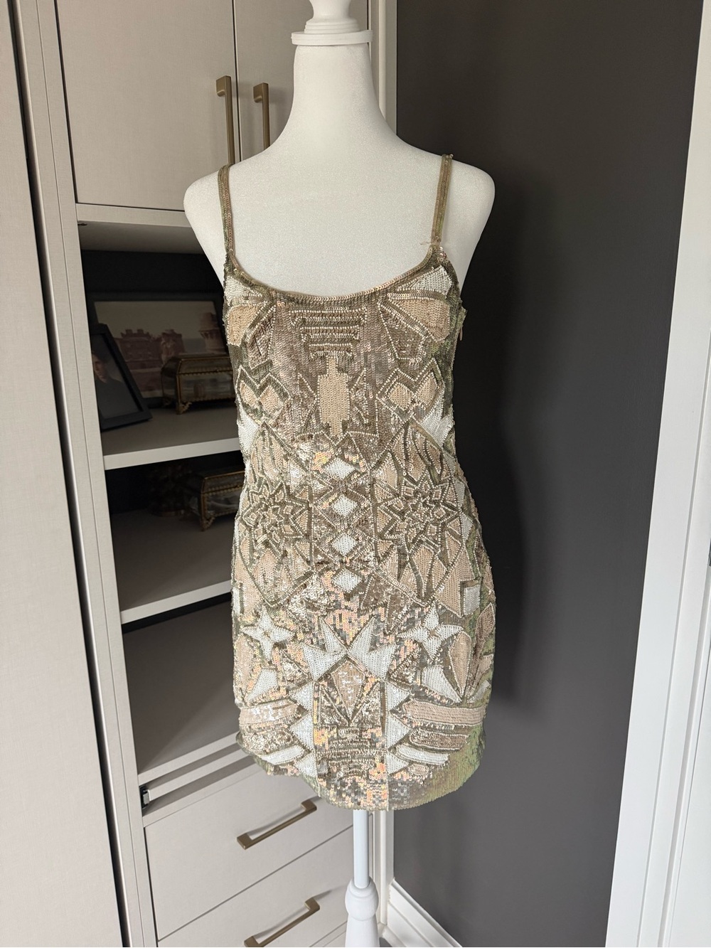 Needle & Thread Gold Apricot and Cream Beaded Mini Dress